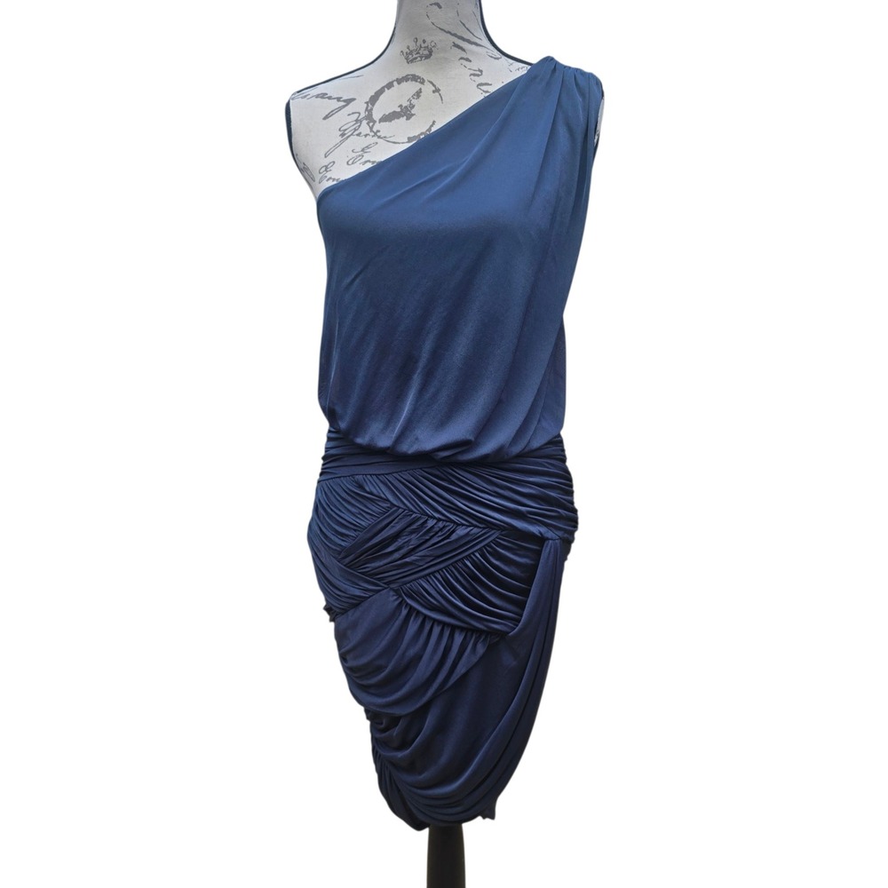 Halston Heritage -800 Blue One Shoulder Ruched Cocktail Party‎ Dress Medium
